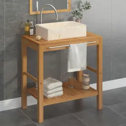 Шкаф за баня от тиково дърво масив с кремава мивка от мрамор