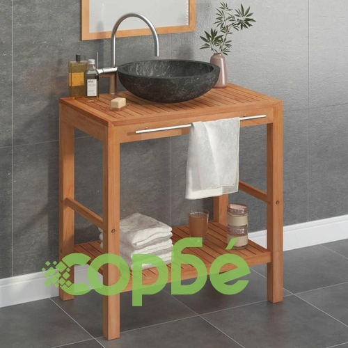 Шкаф за баня от тиково дърво масив с черна мивка от мрамор ➤ топ цена ➤ sorbe.bg