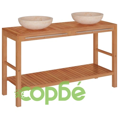 Шкаф за баня от тиково дърво масив с кремави мивки от мрамор ➤ топ цена ➤ sorbe.bg