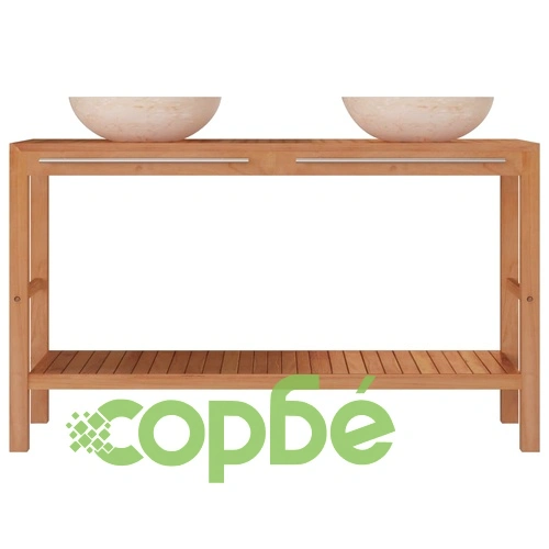 Шкаф за баня от тиково дърво масив с кремави мивки от мрамор ➤ топ цена ➤ sorbe.bg