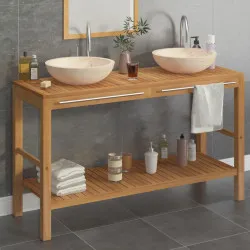 Шкаф за баня от тиково дърво масив с кремави мивки от мрамор