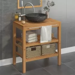 Шкаф за баня от тиково дърво масив с черна мивка от мрамор