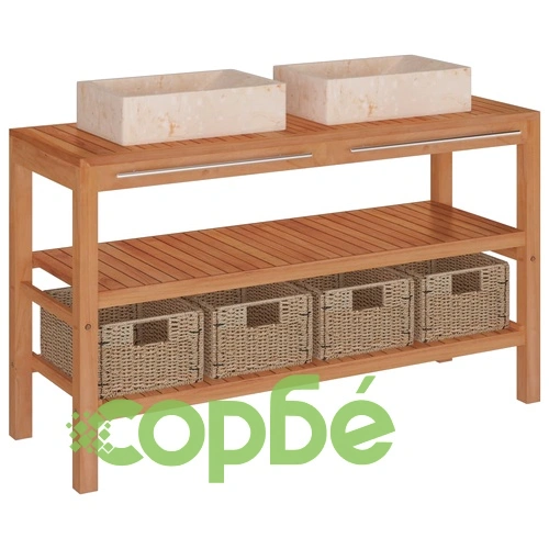 Шкаф за баня от тиково дърво масив с кремави мивки от мрамор  ➤ топ цена ➤ sorbe.bg