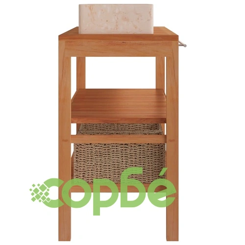 Шкаф за баня от тиково дърво масив с кремави мивки от мрамор  ➤ топ цена ➤ sorbe.bg