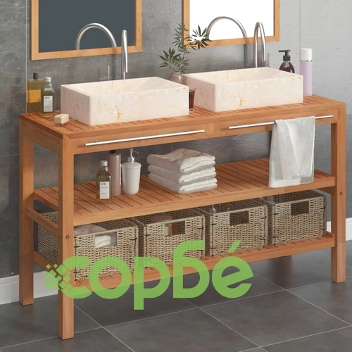 Шкаф за баня от тиково дърво масив с кремави мивки от мрамор  ➤ топ цена ➤ sorbe.bg