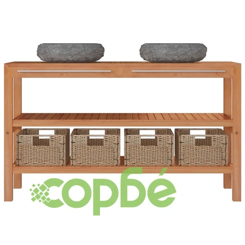 Шкаф за баня от тиково дърво масив с мраморни мивки в черно  ➤ топ цена ➤ sorbe.bg