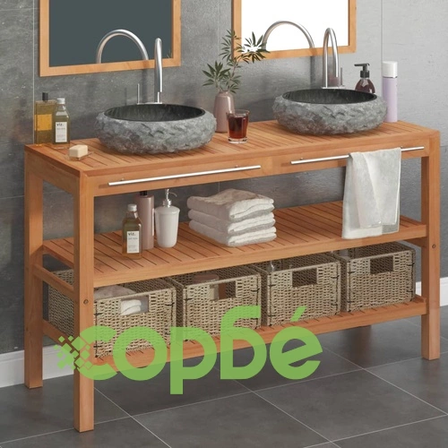 Шкаф за баня от тиково дърво масив с мраморни мивки в черно  ➤ топ цена ➤ sorbe.bg