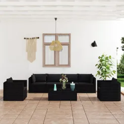 Градински комплект с възглавници, 7 части, полиратан, черен