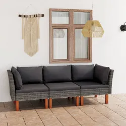 3-местен градински диван с възглавници, сив полиратан