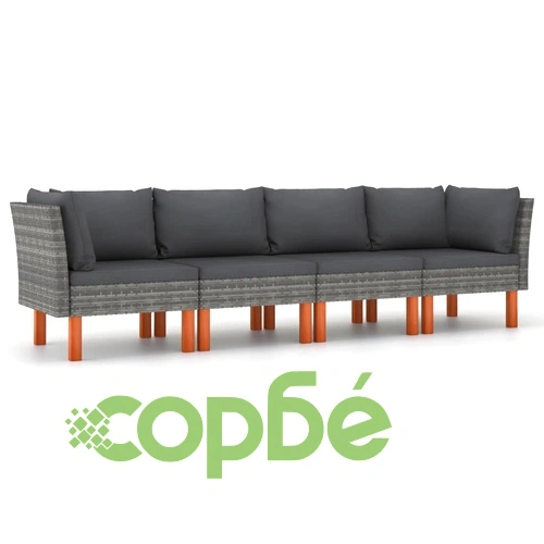 4-местен градински диван с възглавници, сив полиратан ➤ топ цена ➤ sorbe.bg