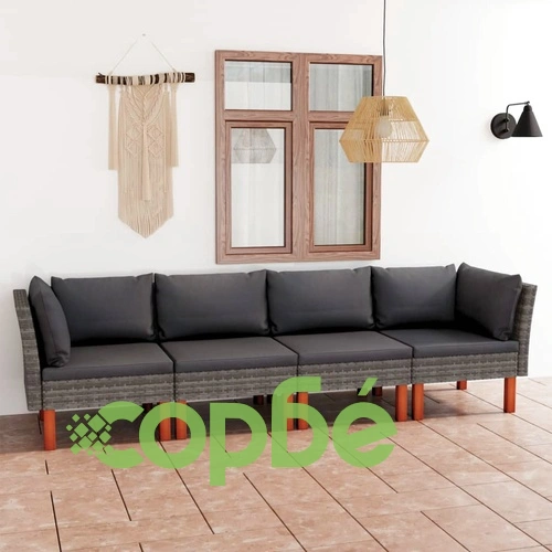 4-местен градински диван с възглавници, сив полиратан ➤ топ цена ➤ sorbe.bg
