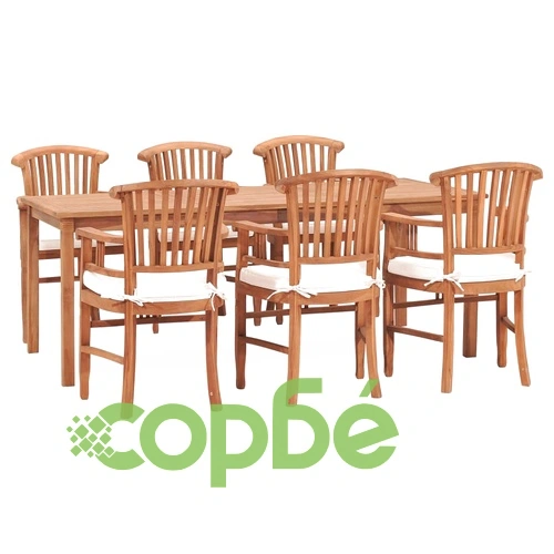 Градински трапезен комплект с възглавници, 7 части, тик масив ➤ топ цена ➤ sorbe.bg