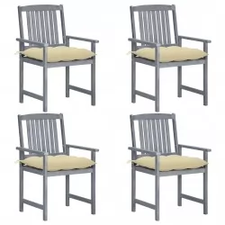 Градински столове с възглавници, 4 бр, сиви, акация масив