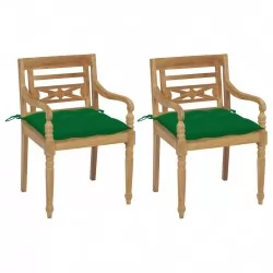 Столове Батавия 2 бр със зелени възглавници тиково дърво масив