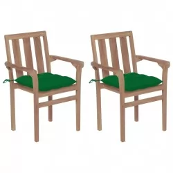 Градински столове 2 бр зелени възглавници тиково дърво масив