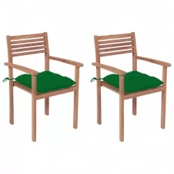 Градински столове, 2 бр, зелени възглавници, тиково дърво масив