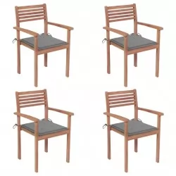 Градински столове 4 бр със сиви възглавници тиково дърво масив