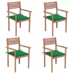 Градински столове, 4 бр, зелени възглавници, тиково дърво масив