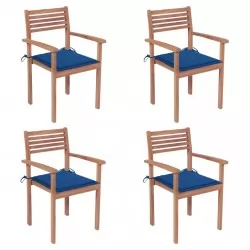 Градински столове, 4 бр, кралскосини възглавници, тик масив