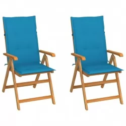 Градински столове 2 бр сини възглавници тиково дърво масив