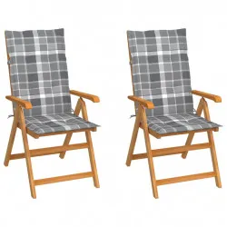 Градински столове, 2 бр, възглавници на сиво каре, тик масив