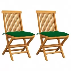 Градински столове със зелени възглавници 2 бр тик масив
