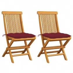Градински столове с виненочервени възглавници 2 бр тик масив