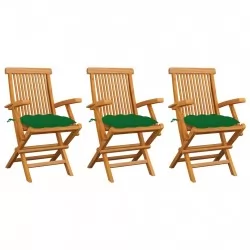 Градински столове със зелени възглавници 3 бр тик масив