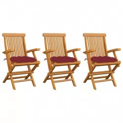 Градински столове с виненочервени възглавници 3 бр тик масив