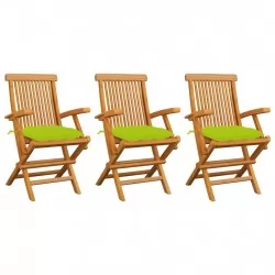 Градински столове с яркозелени възглавници 3 бр тик масив