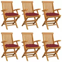Градински столове с виненочервени възглавници 6 бр тик масив