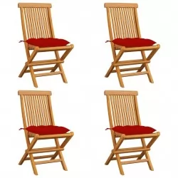 Градински столове с червени възглавници 4 бр тиково дърво масив