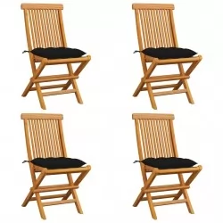 Градински столове с черни възглавници 4 бр тиково дърво масив