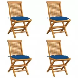 Градински столове със сини възглавници 4 бр тиково дърво масив