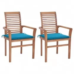 Трапезни столове 2 бр със сини възглавници тиково дърво масив