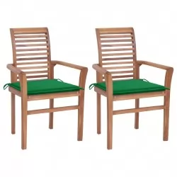 Трапезни столове 2 бр зелени възглавници тиково дърво масив