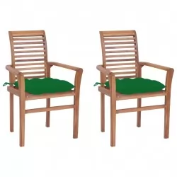 Трапезни столове 2 бр зелени възглавници тиково дърво масив