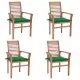 Трапезни столове, 4 бр, със зелени възглавници, тик масив