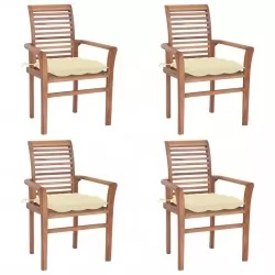 Трапезни столове, 4 бр, с кремавобели възглавници, тик масив