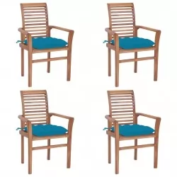 Трапезни столове, 4 бр, със светлосини възглавници, тик масив