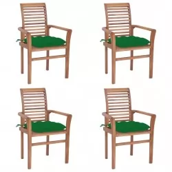 Трапезни столове, 4 бр, със зелени възглавници, тик масив