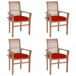 Трапезни столове, 4 бр, червени възглавници, тик масив