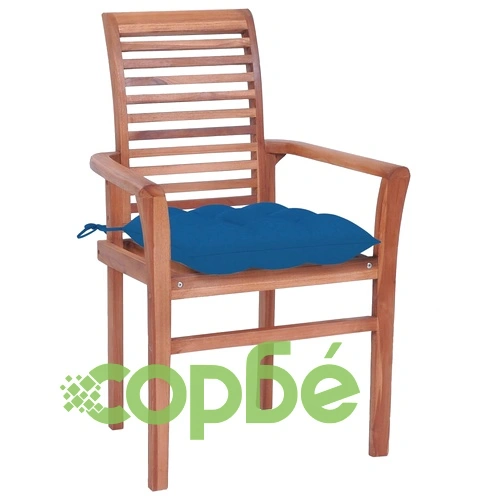 Трапезни столове, 4 бр, със сини възглавници, тик масив ➤ топ цена ➤ sorbe.bg