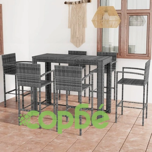 Бар комплект с подлакътник за открито, 7 части, полиратан, сив ➤ топ цена ➤ sorbe.bg