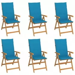 Градински столове 6 бр със сини възглавници тиково дърво масив