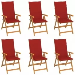 Градински столове 6 бр с червени възглавници тиково дърво масив