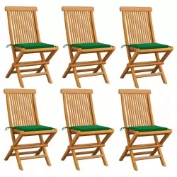 Градински столове със зелени възглавници 6 бр тик масив