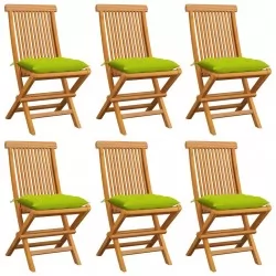 Градински столове с яркозелени възглавници 6 бр тик масив