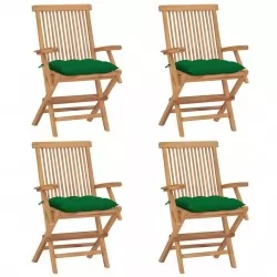 Градински столове със зелени възглавници 4 бр тик масив