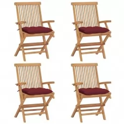 Градински столове с виненочервени възглавници 4 бр тик масив